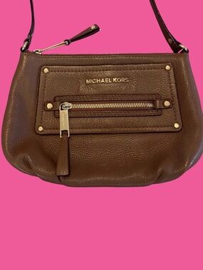 Michael Kors Brown Leather Crossbody Studded Purse with Credit Card Slots Inside